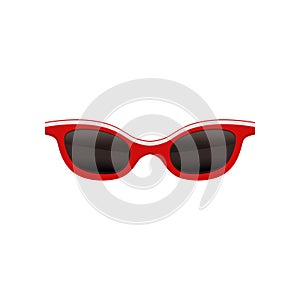 Vintage sunglasses with black lenses and red frame. Fashion eyewear for summer season. Stylish women`s accessory. Flat