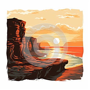 Vintage Sunset Cliff Vector Graphics On White Background