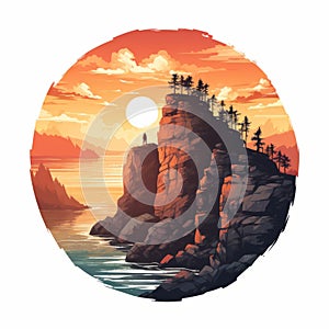 Vintage Sunset Cliff Vector Graphics On White Background