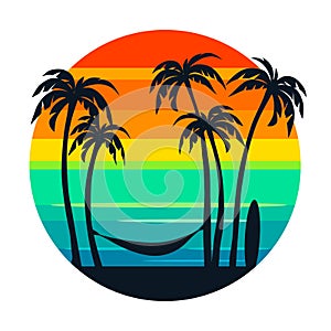 Vintage sunset with palm trees and stretched hammock, vector emblem of tropical paradise