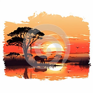 Vintage Sunset Savanna: Vector Graphics On White Background