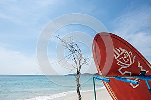 Vintage surfboard on the beach. Travel adventure sport and summer vacation