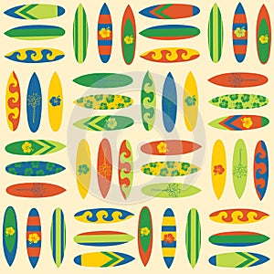 Vintage Surfboards seamless vector background. Surf sport background in retro style. Summer vacation travel illustration. Use for