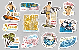 Vintage surfer badges. Tropical stickers and California. Wave, palm tree and ocean. Man on the surfboard, Summer beach