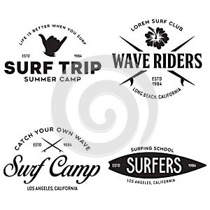 Vintage Surfing Emblems for web design or print. Surfer logo templates. Surf Badges