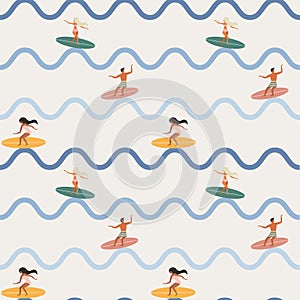 Vintage Surfing People on Waves Seamless Pattern