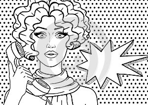 Vintage surprised woman on phone outlined. Vector curly hair girl with old telephone pop art comics style illustration