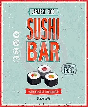 Vintage Sushi Bar Poster. Vector illustration.