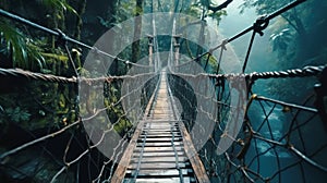 Vintage suspension wooden bridge in tropical forest, old wood footbridge and water in jungle. Scene like in adventure movie.