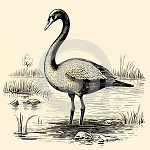 Vintage Swan Woodcut Engraving: Dark Academia Halloween Clipart