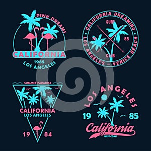 Vintage t-shirt design. Badges and emblems set with California prints. Graphics collection for apparel, labels and patches. photo