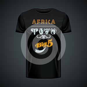 Vintage t-shirt with stylish african big five in center. Editable layout