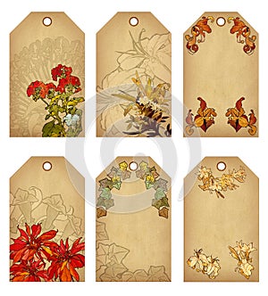 Vintage tags set. Art nouveau floral pattern.