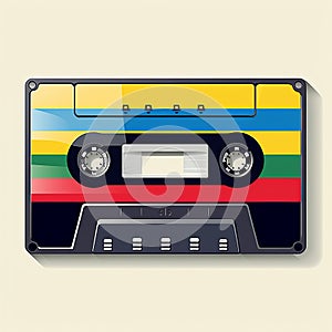 Vintage tape cassette. Retro mixtape, 1980s pop songs tapes and stereo music cassettes with rainbow label.