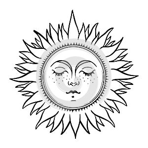 Vintage tarot sun with face with closed eyes and rays, celestial astrology logo, boho tattoo for zodiac. Magic hand photo