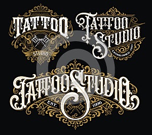 Vintage tattoo lettering logo set. Highly detailed tattoo emblems, logo, badges and t-shirt graphics.