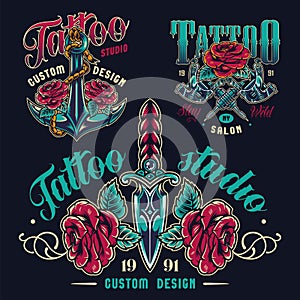 Vintage tattoo studio colorful emblems