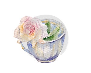 Vintage tea cup with pink rose flower. Retro watercolor illustration isolated on white background. Shabby chic style.