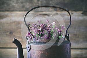 Vintage tea kettle full of thyme flowers for healthy herbal tea.