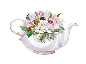 Vintage tea pot - apple, cherry flowers. Watercolor