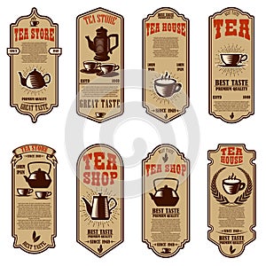 Vintage tea shop flyer templates. Design elements for logo, label, sign, badge.