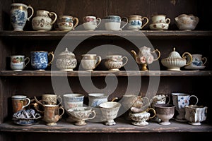 vintage teacups arranged on antique shelf