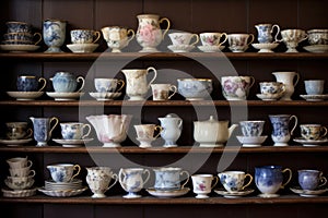 vintage teacups arranged on antique shelf