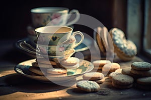 Vintage Teacups and Heart-Shaped Cookies on Rustic Table