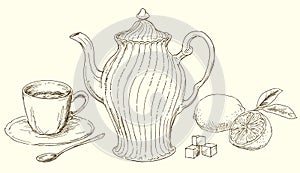 Vintage teapot and cup of tea with lemon.