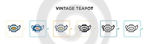 Vintage teapot vector icon in 6 different modern styles. Black, two colored vintage teapot icons designed in filled, outline, line