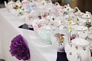 Vintage teapots set up for tea party