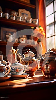 Vintage Teapots and Teacups in Early Morning Light