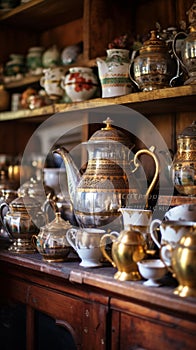 Vintage Teapots and Teacups in Early Morning Light