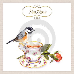 Vintage teatime card with cute watercolour bird, tea cup, rose flower photo