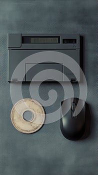Vintage tech flat lay with floppy disk and CD