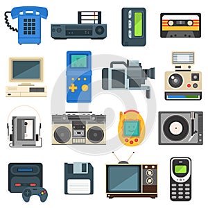 Vintage technologies camera phone retro audio icon vector set.