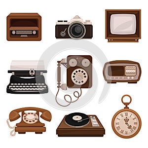 Vintage technologies set, retro radio, photo camera, tv, typewriter, payphone, vinyl player, pocket watch vector