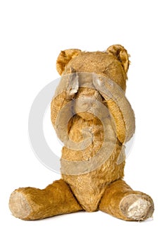 Vintage Teddy Bear covering Eyes, over White