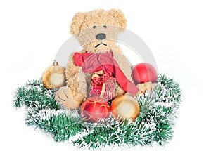 Vintage teddy bear over christmas decoration