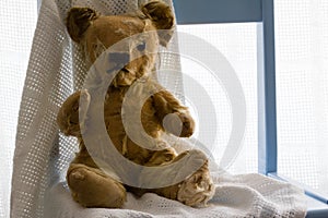 Vintage teddy with white blanket on blue chair