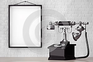 Vintage Telephone in front of Brick Wall with Blank Frame