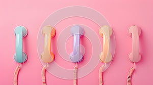 Vintage Telephone Receivers Lined Up on Pink Background. Retro Communication Concept. Colorful Call Center Theme