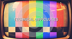 Vintage television screen with technical difficulties message and test pattern CRT screen broadcast