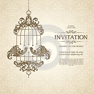 Vintage template with seamless pattern, decorative frame and love birds. Ornamental lace pastel design for wedding invitation,