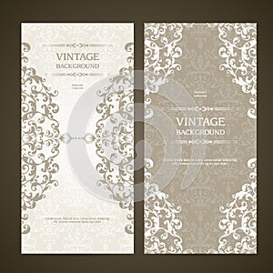 Vintage template set vertical banners with ornamental borders and patterned background. Wedding invitation, Greeting Card