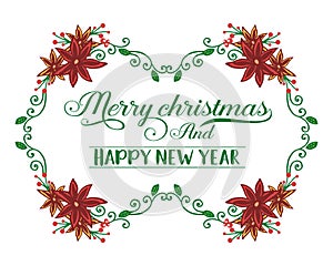 Vintage text of merry christmas and happy new year, with beauty of abstract red wreath frame. Vector