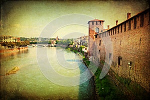 Vintage textured picture of the Castelvecchio in Verona, Italy