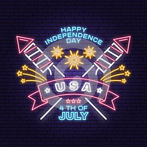 Vintage 4th of july design in retro style. Vector Fourth of July felicitation neon sign. Night bright signboard