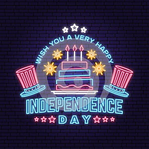 Vintage 4th of july design in retro style. Vector Fourth of July felicitation neon sign. Night bright signboard