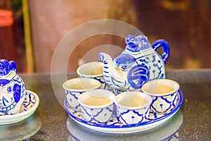 Vintage Thai's style handmade porcelain tea cups set. Beautiful traditional Thai five-colored porcelain ceramic tea cup set. Benj